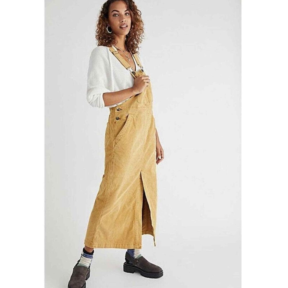 Free People Holly Skirtall Tan Midi Corduroy Overall Dress Size: S